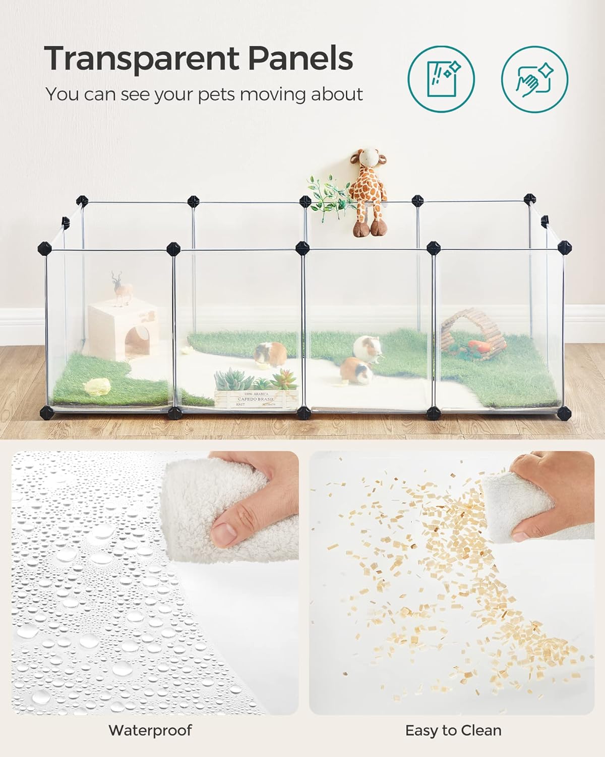 SONGMICS® Pet Playpen with Bottom, Transparent Panels for Small Animals