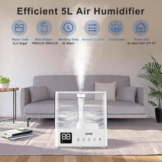 5L Ultrasonic Air Humidifier with Remote, LED Display, Timer & Aroma Diffuser