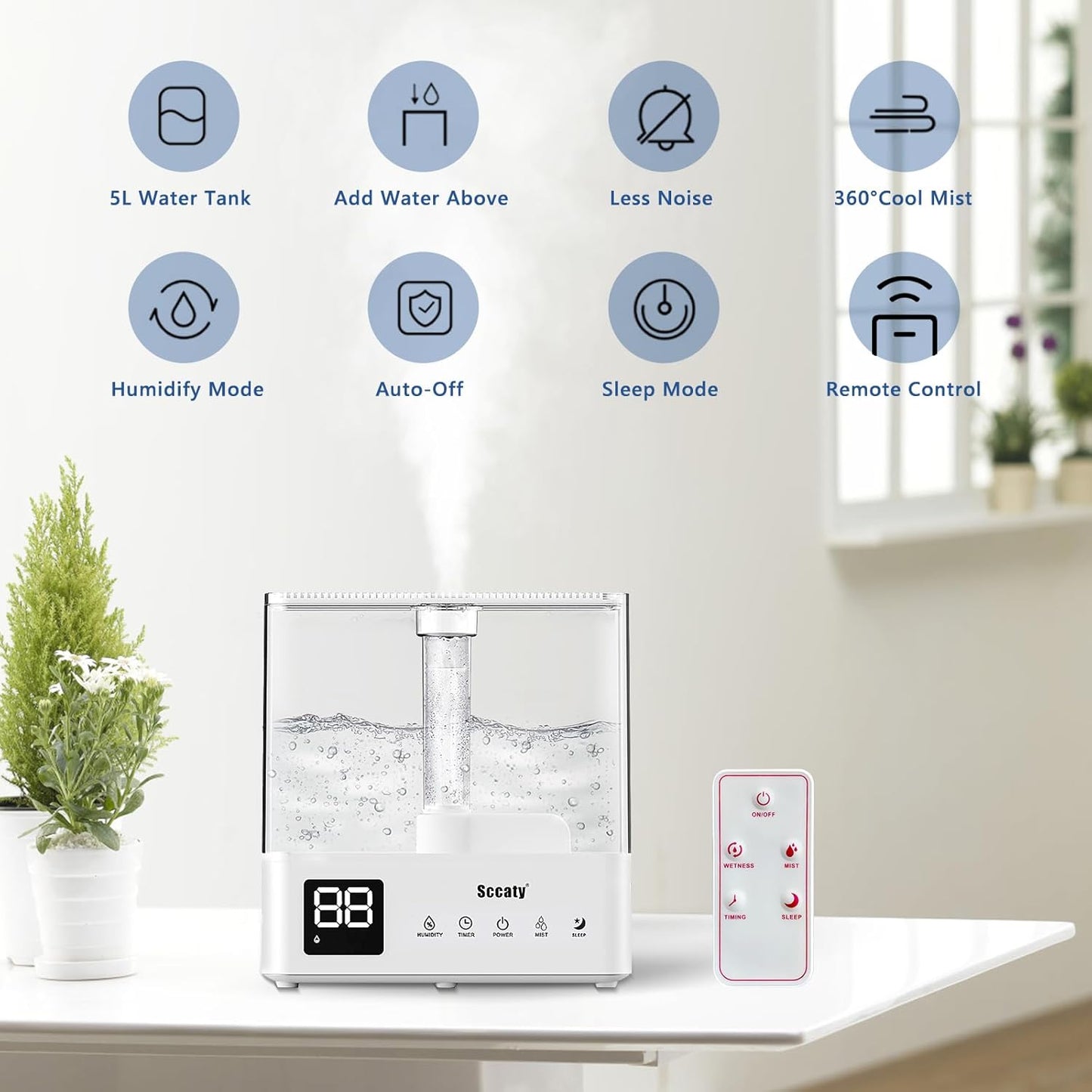 5L Ultrasonic Air Humidifier with Remote, LED Display, Timer & Aroma Diffuser