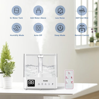 5L Ultrasonic Air Humidifier with Remote, LED Display, Timer & Aroma Diffuser