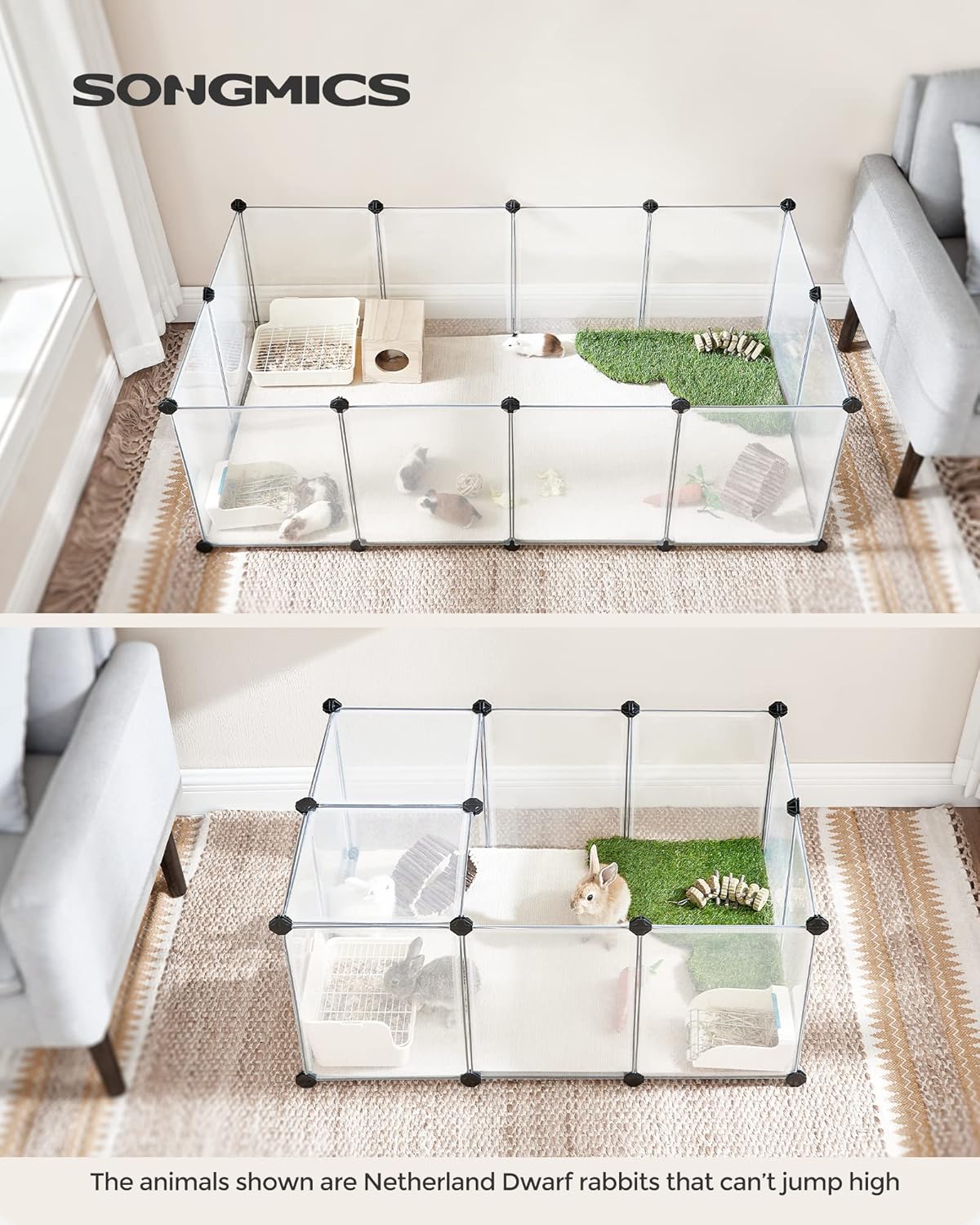 SONGMICS® Pet Playpen with Bottom, Transparent Panels for Small Animals